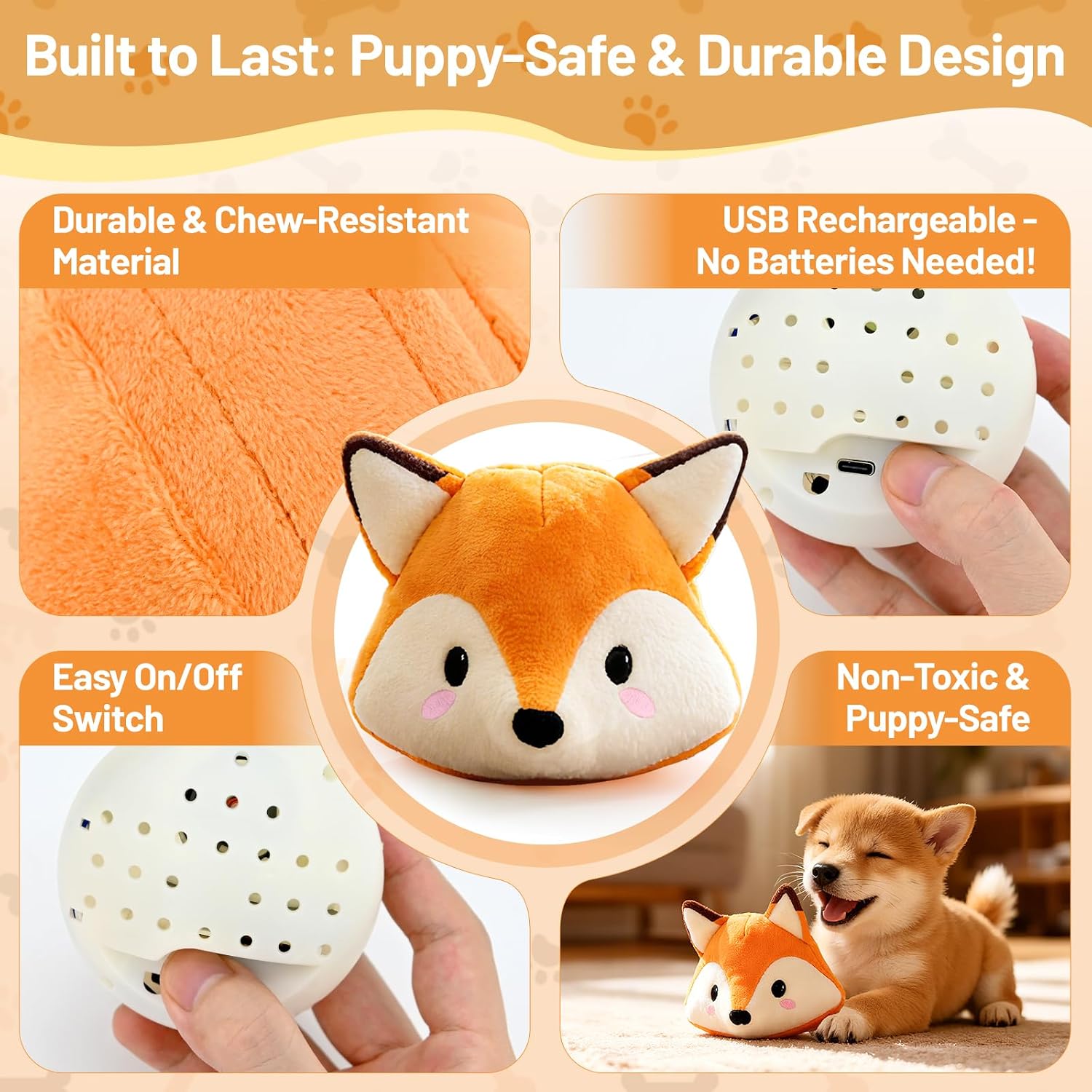 Interactive Fox Puppy Toy for Boredom Relief - Automatic Self-Moving, Bouncing & Vibrating with Sound for Entertainment & Play | Rechargeable & Chew-Resistant for All Breed Sizes